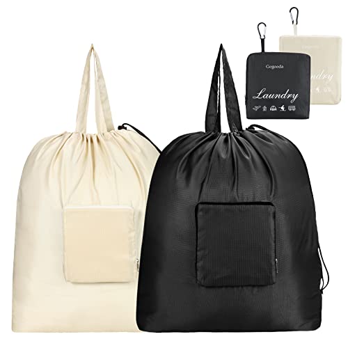 GOGOODA Travel Laundry Bags with Drawstring Closure XL Large with Handle - color: Black & Beige