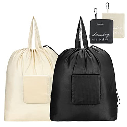 GOGOODA Travel Laundry Bags with Drawstring Closure XL Large with Handle - color: Black & Beige
