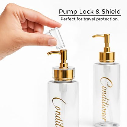 Shampoo and Conditioner Dispenser - Essentials Toiletry Bottles - Shower Refillable Shampoo and Body Wash Soap Pump Bottle – 3X 16oz Containers - Clear All Gold 1 Round - color: Clear All Gold 1 Round, size: Large