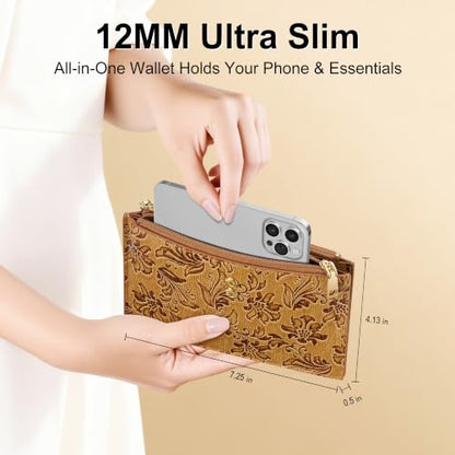 Travelambo Womens Leather Bifold Wallet, Slim RFID Blocking Card Holder - color: Brown Flower