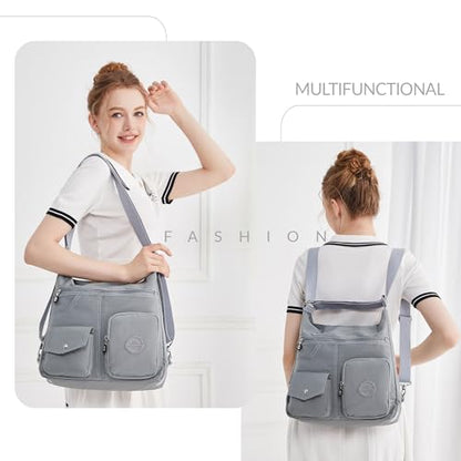 Hobo Purse for Women, Nylon Crossbody Shoulder Handbag Convertible Backpack - color: Grey