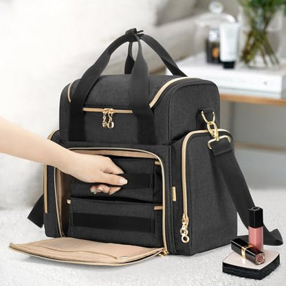 LUXJA Travel Makeup Bag with 2 Removable Makeup Cases, Black - color: Black