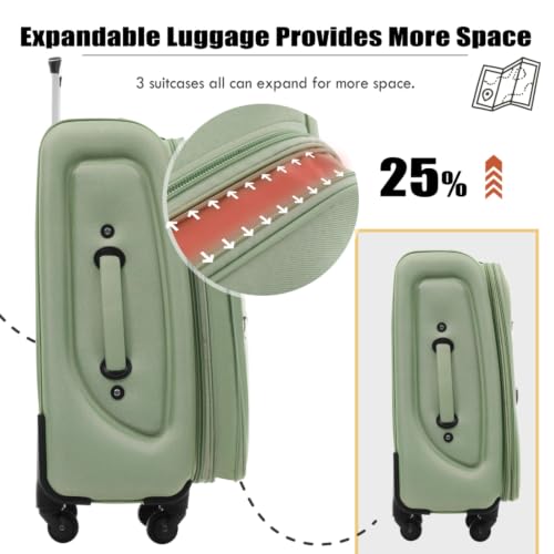 Softside Expandable Luggage Set 3 Piece, Lightweight 22/26/30 Inch Upright Spinner Suitcase with TSA Lock, 610D Polyester Travel Set (Light Green) - color: Light Green