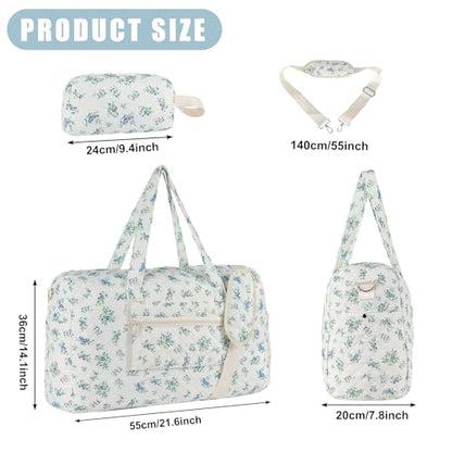 Quilted Floral Duffle Bag for Women Weekender Overnight Travel Bag - color: Cyan Print