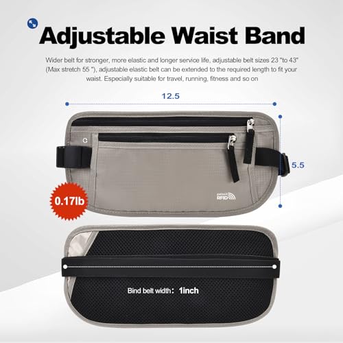 Unisex Money Belt with RFID Blocking Sleeves, Slim Passport Holder RFID Blocking Travel Essentials, Waist Pouch to Protect Cash, Light Grey & 6 Sleeves - color: Light Grey & 6 Sleeves, size: Medium