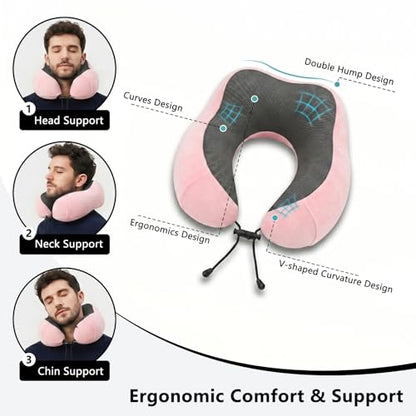 Travel Neck Pillow, 100% Memory Foam, U-Shaped with Storage Box, Pink - color: Pink