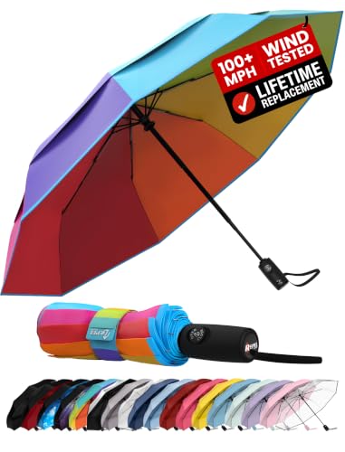 Windproof Travel Umbrella - Compact & Withstands Winds up to 100MPH, Strongest Premium Auto Folding Umbrella for Rain and Sun - Durable, Light & Portable for Women & Men, Fits Backpack & Cars - color: 11. Rainbow