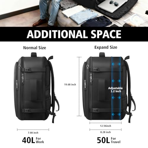 Travel Backpack for Men, 50L Expandable Large Carry On TSA Backpack, Black - color: Black