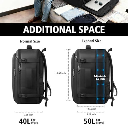 Travel Backpack for Men, 50L Expandable Large Carry On TSA Backpack, Black - color: Black