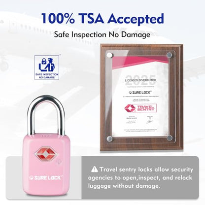 SURE LOCK Mini TSA Approved Keyed Luggage Lock – One Key Opens All, Fits Tight Zipper Gaps & Small Pull Holes, Compact Travel Lock for Suitcases, Backpacks & Handbags - color: PINK 2 LOCKS