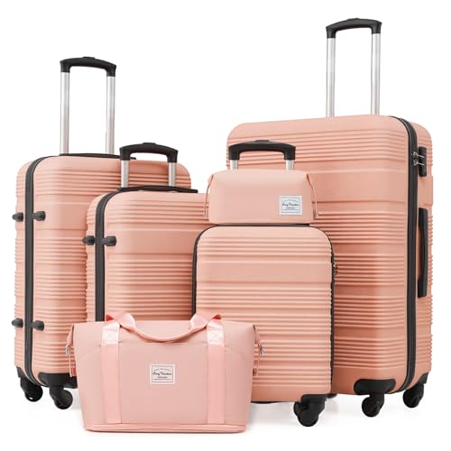 LONG VACATION Luggage Sets with Spinner Wheels, Suitcase Set 6 Piece - color: PINK, size: 6 piece set