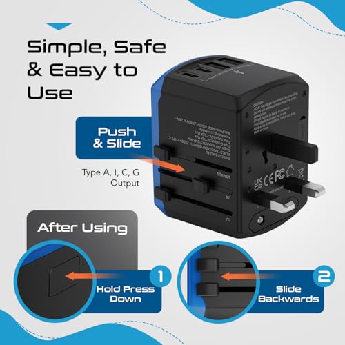 Ceptics 5 in 1 Universal Travel Adapter, 2 USB-A + 2 USB-C, 4 Plug Outputs - color: Blue