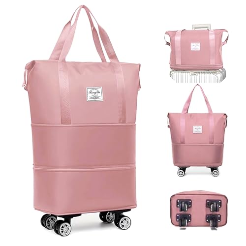 Expandable Foldable Duffel Bag with Detachable Rolling Wheels, Large Carry-On Luggage for Travel, Gym, Camping, Shopping, Business Trip (Pink) - color: pink