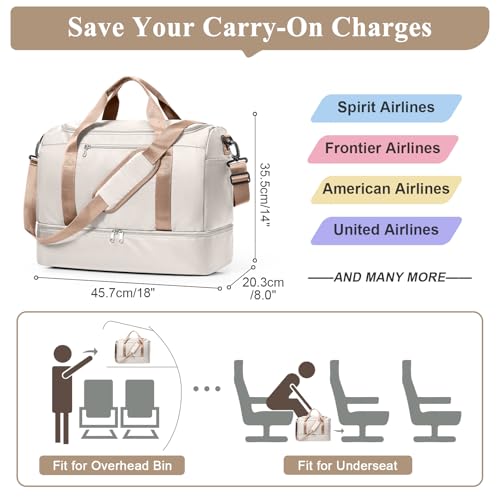 Travel Duffel Bag,Carry-On Overnight Weekender Bags with Shoes Compartment - color: Beige & Brown with Toiletry Bag, size: Small
