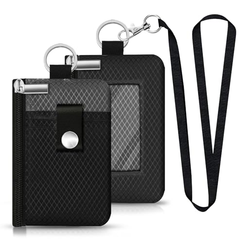 Minimalist RFID Blocking Small Wallet with ID Window,WaterResistant Zip Id Case Wallet with Lanyard Keychain for Cards,Cash,Travel,Women,Men (Black/DarkGrey) - color: Black/DarkGrey
