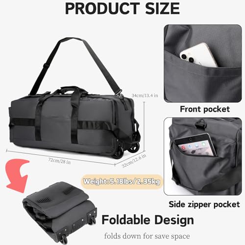 Rolling Duffle Bag with Wheels, 80L 28” Folding Duffle Backpack Soft-Sided with 2 Wheels, 6-way Carry-On Large Travel Bag Men/Women Multiple Pockets for Long Trip, Grey - color: Grey