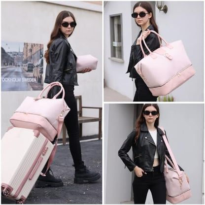 Leather Weekender Bags for Women, Travel Duffel Bag PU Overnight Bag Carry On Tote Bag with Shoe Compartment Wet Pocket - color: Pink, size: X-Large