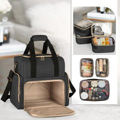 LUXJA Large Travel Makeup Bag with 3 Removable Makeup Cases, Black - color: Black