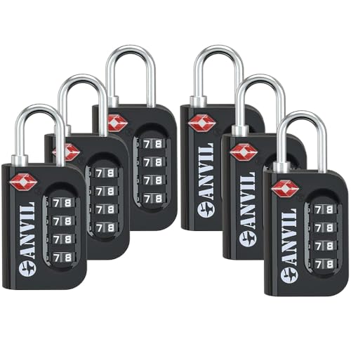 ANVIL TSA Approved Luggage Lock - 4 Digit Combination, 10,000 Combinations, Easy-Read Password Window, Travel Lock for Suitcases, Backpacks, Gym & Student Lockers, Baggage - color: BLACK 6 PACK