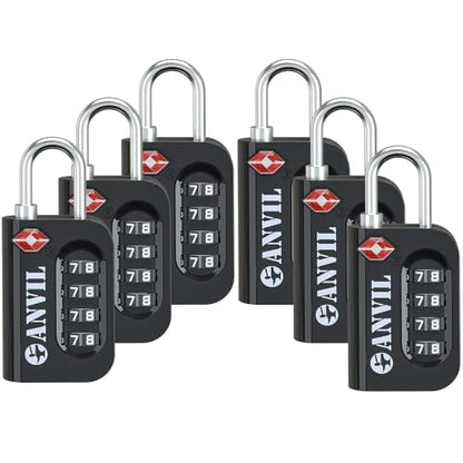 ANVIL TSA Approved Luggage Lock - 4 Digit Combination, 10,000 Combinations, Easy-Read Password Window, Travel Lock for Suitcases, Backpacks, Gym & Student Lockers, Baggage - color: BLACK 6 PACK