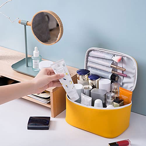 Meiyuuo Travel Makeup Bag for Women, PU Leather Cosmetic Bag, Yellow - color: Bright Yellow