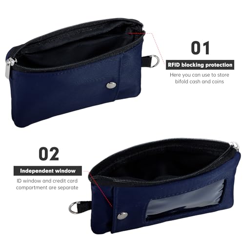 Small Lanyard Wallet with ID Window Minimalist Nylon Zipper Lanyard Pouch - color: Deep Blue
