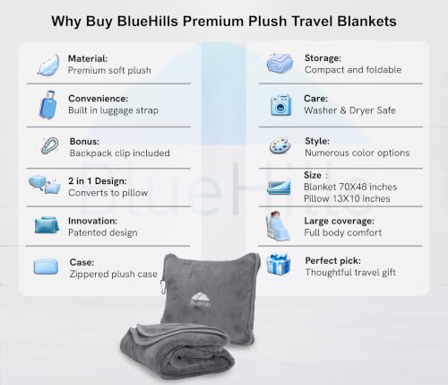 BlueHills Premium Soft Long Travel Blanket Pillow Airplane Large Size Gray - color: Gray-long-t052
