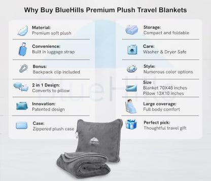 BlueHills Premium Soft Long Travel Blanket Pillow Airplane Large Size Gray - color: Gray-long-t052