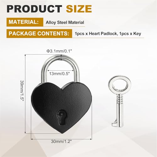 PATIKIL Mini Heart Lock w/Key 1.2x1.5 Heart Shaped Padlock Black - color: Black, size: 1.2"x1.5"