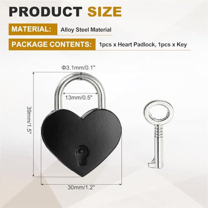 PATIKIL Mini Heart Lock w/Key 1.2x1.5 Heart Shaped Padlock Black - color: Black, size: 1.2"x1.5"