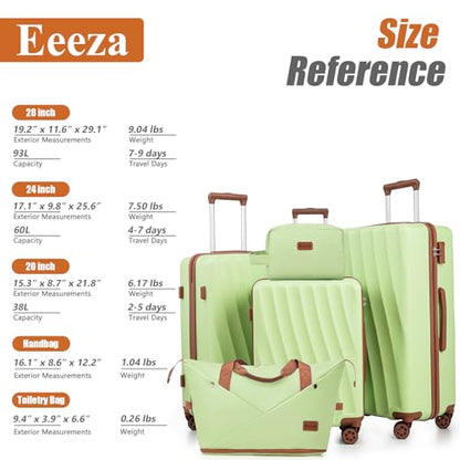 Eeeza Luggage Sets 5 Piece Suitcases with Wheels(LightGreen 20"/24"/28") - color: Light Green, size: 5 Piece Sets (20/24/28/DB/TB)