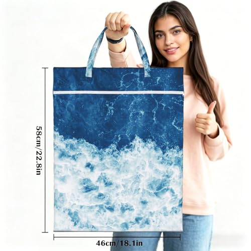 "blue and white wave beach cool 2-Pack Travel Laundry Bags for Dirty Clothes- Large Waterproof Laundry Tote, Wet & Dry Use, Reusable Foldable Carry Handles for Vacation, Gym & Dorm" - color: Blue And White Wave Beach Cool