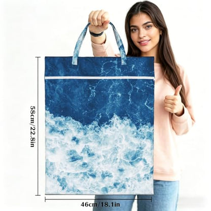 "blue and white wave beach cool 2-Pack Travel Laundry Bags for Dirty Clothes- Large Waterproof Laundry Tote, Wet & Dry Use, Reusable Foldable Carry Handles for Vacation, Gym & Dorm" - color: Blue And White Wave Beach Cool
