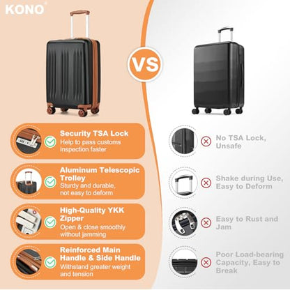 Kono Carry On Luggage 22x14x9 Airline Approved 20 Inch Expandable TSA Lock - color: Black&Brown, size: 20"