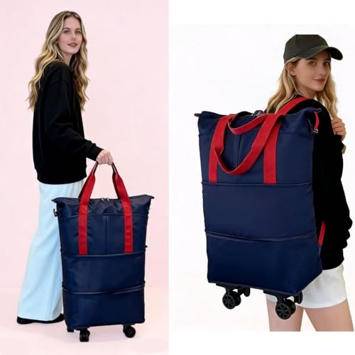 Travel Rolling Duffel Bag with Removable Wheels,Expandable Foldable Carry-On Luggage for Trip or Hospitalization - color: Red&Navy Blue