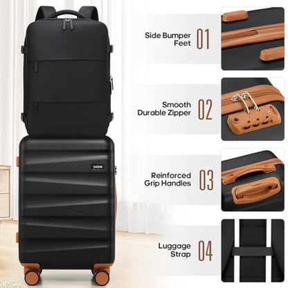 UKEIN Luggage Set with Backpack,Hardshell Carry On Luggage Airline Approved - color: Black