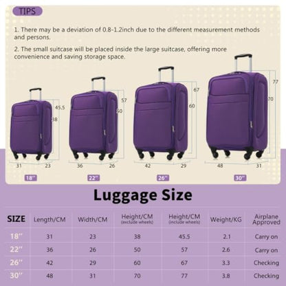 4-Piece Softside Luggage Set, Expandable Lightweight Polyester Suitcases with Spinner Wheels & TSA Lock, 18/22/26/30 Inch Travel Luggage Set with Front Pockets (Purple) - color: Purple