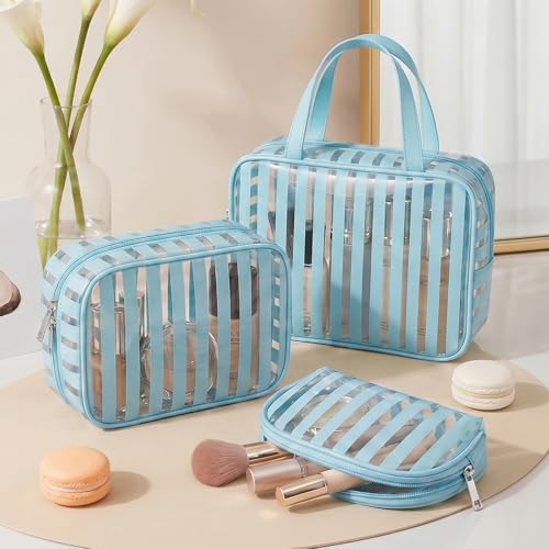 3 Pack Clear Blue PVC Travel Toiletry Bags - TSA Approved Waterproof Makeup Organizer Set with Handle, Striped Cosmetic Pouches for Airplane Gym and Daily Use - color: SET-Blue