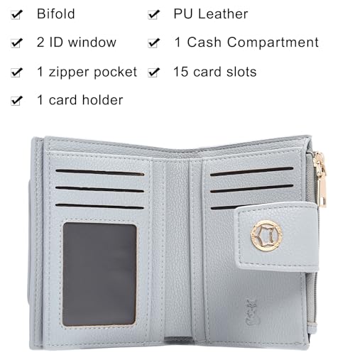 FOXLOVER Small Wallet for Women Soft Leather RFID Blocking Bifold Zipper Pocket Wallet Card Case Purse with ID Window - color: 01-Blue