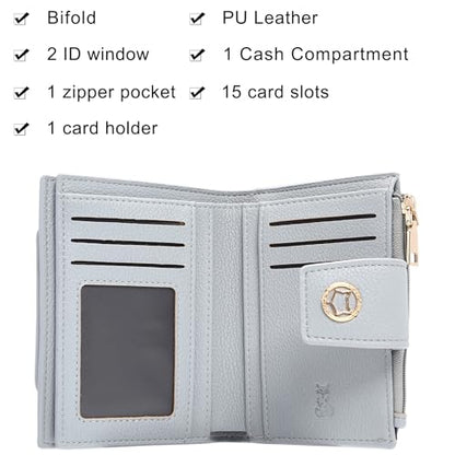 FOXLOVER Small Wallet for Women Soft Leather RFID Blocking Bifold Zipper Pocket Wallet Card Case Purse with ID Window - color: 01-Blue