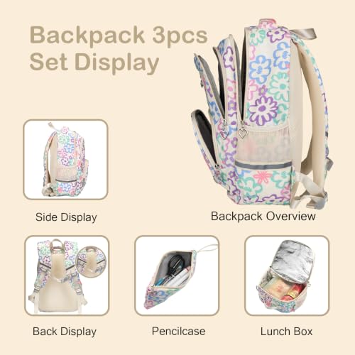 Rexmore Girls 3Pcs Backpack Set with Lunch Box & Pencil Case, Beige - color: Beige