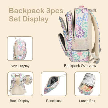 Rexmore Girls 3Pcs Backpack Set with Lunch Box & Pencil Case, Beige - color: Beige