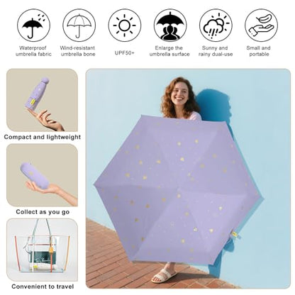 Mini Travel Umbrella, UPF 50+ Purse Umbrella with Case and Carabiner - color: Purple