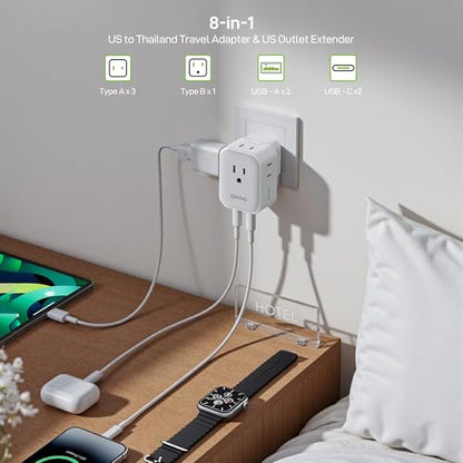 EPICKA Thailand Travel Plug Adapter, Foldable & Detachable Type O (Thailand) VisaPlug, 8-in-1 International Power Adapter with 4 USB Ports (2 USB-C PD 20W), Cruise Approved, US to Thailand, White - style: Type O-for Thailand
