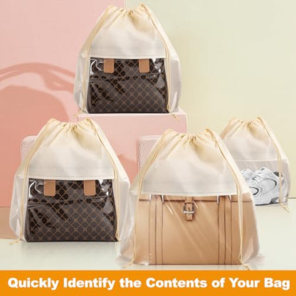 12 PCS Dustproof Drawstring Bags,Breathable Non-Woven Fabric Drawstring Dust Covers,Storage Bags Dust Bag for Handbags Shoes Purses,Beige