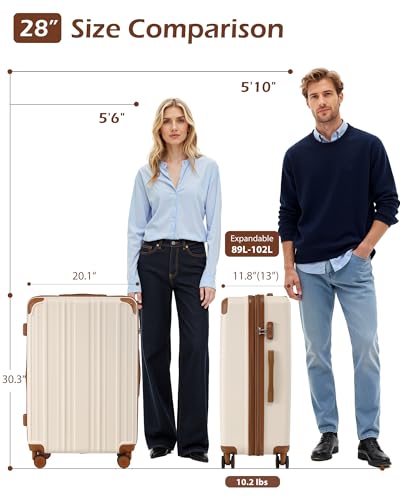 Coolife Luggage, Lightweight and Durable Hardshell, 28 in, apricot white | Checked Suitcase with ABS Hardshell, 360° Dual Spinner Wheels, TSA Lock, YKK Zipper, Aluminum Handle, and 15% Expansion - color: apricot white, size: L(28in)