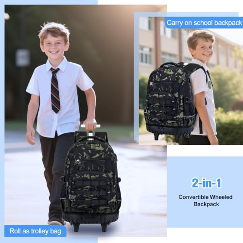 ACESAK 3PCS Camo Rolling Backpack for Boys with Lunch Box Pencil Case - color: Camo Black