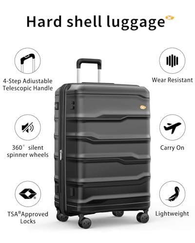 28 Inch Luggage with Spinner Wheels, Large Hard Shell Suitcase, Lightweight PP Luggages with TSA Lock, Checked-Large Suitcases 28-Inch, Black - color: 0-Black, size: Checked-Large 28-Inch
