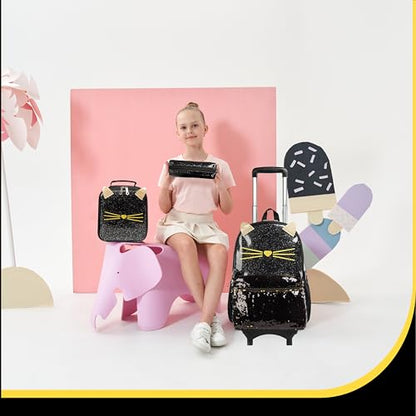 Meetbelify Girls Rolling Backpack Sequin Rolling Backpacks with Wheels for Girls for Elementary School Bag - color: Sequin Cat Black