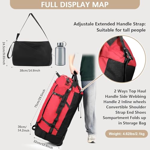 Rolling Duffle Bag with Wheels,86L 30”Carry on Luggage with Wheels,Folding Travel Bag,Duffle Backpack with Separate Shoe Compartment (Red) - color: red, size: 86L duffle bag